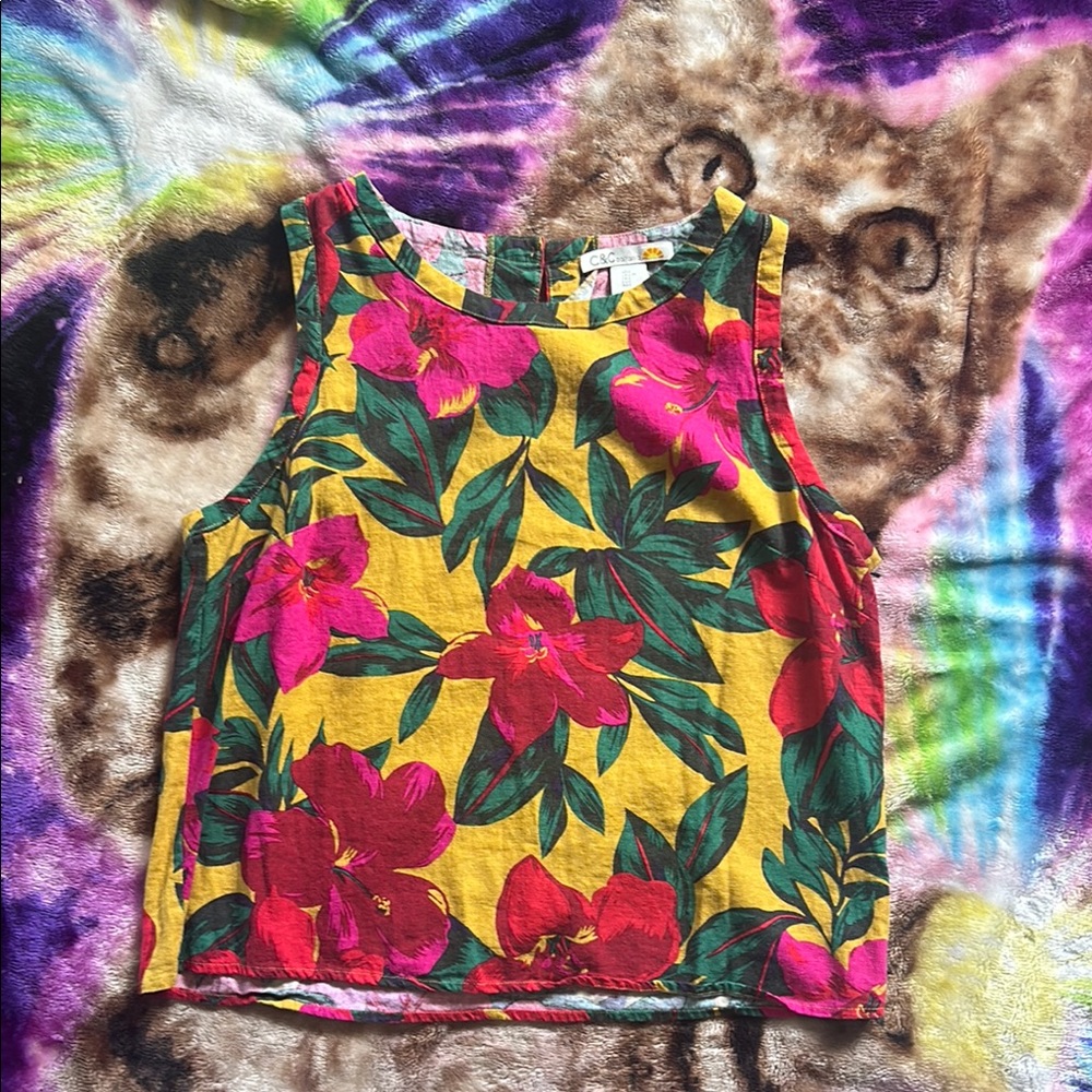 🌺C&C California Linen Floral Sleeveless Blouse - Yellow and Pink🌺